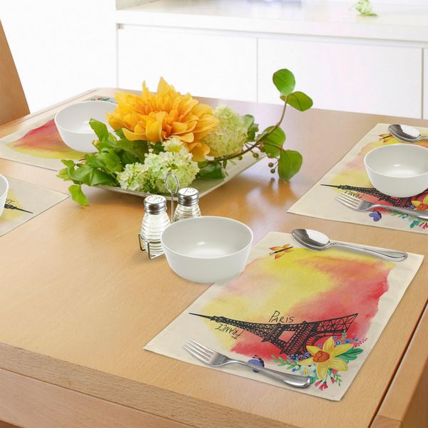 Tovagliette Abakuhaus Paris, Romantico Acquerello Floreale Con La Torre Eiffel E Farfalle, Stile Storico Francese, Tiscjdeco In Tessuto Resistente Al Lavaggio, Per Sala Da Pranzo E Cucina, Multicolore-image