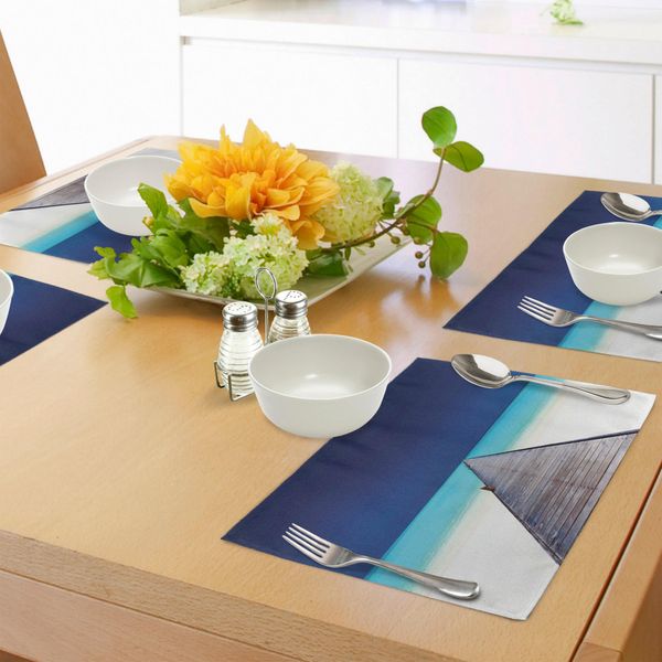 Abakuhaus Tovagliette Paesaggistiche, Legno Lungo Pontile Spiaggia Sabbia Acqua Cristallina Paradiso Tropicale Hawaiano, Tiscjdeco In Tessuto Resistente Al Colore Per La Sala Da Pranzo E La Cucina, Turchese Crema-image