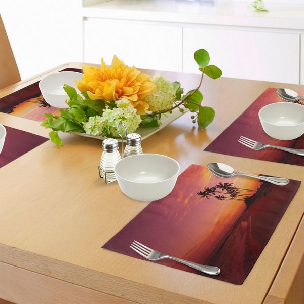 Abakuhaus Tovagliette Ocean, Foto Esotica Di Una Spiaggia Sull'oceano Fantastiche Palme Hawaiane All'alba - Paese Delle Meraviglie Estivo, Tiscjdeco In Tessuto Resistente Al Lavaggio Per La Sala Da Pranzo E La Cucina, Rosso-image