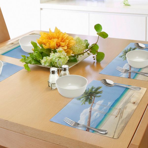 Tovagliette Abakuhaus Ocean, Foto Di Un'isola Tropicale Con Palme Da Cocco E Spiaggia Esotica, Tiscjdeco In Tessuto Resistente Al Lavaggio Per La Sala Da Pranzo E La Cucina, Crema Verde Blu-image