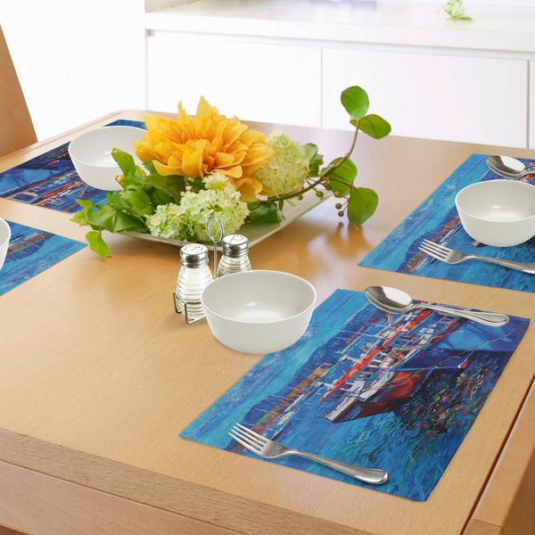 Abakuhaus Tovagliette Rustiche, Barche A Vela E Navi Sul Porto Costiero Attraverso Il Mare Piccola Grafica Di Una Città Rurale Di Pescatori, Tiscjdeco In Tessuto Resistente Ai Colori Per La Sala Da Pranzo E La Cucina, Rosso-image