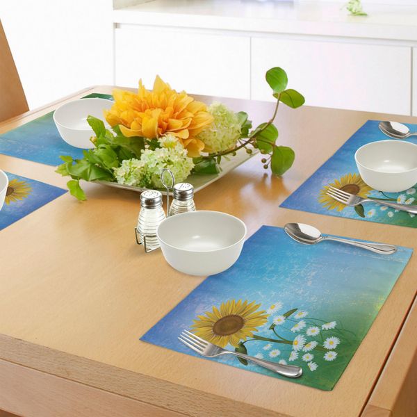 Tovagliette Abakuhaus Con Girasoli, Illustrazione Floreale Grunge Con Girasoli E Camomille, Arte Estiva Dai Colori Pastello, Decorazioni Da Tavola In Tessuto Resistente Ai Colori Per La Sala Da Pranzo E La Cucina, Giallo Verde Blu-image