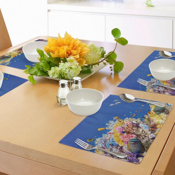 Tovagliette Abakuhaus Ocean, Colorato Mondo Sottomarino Con Coralli Tropicali Esotici, Destinazione Subacquea, Tiscjdeco In Tessuto Resistente Al Lavaggio Per Sala Da Pranzo E Cucina, Giallo Blu-image
