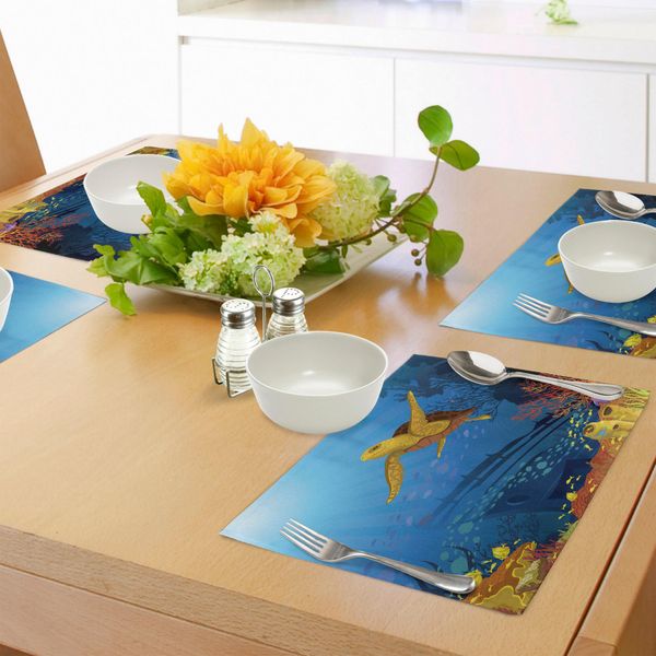 Tovagliette Abakuhaus Ocean, Barriera Corallina Colorata Con Silhouette Di Pesci E Tartarughe, Decorazione Da Tavolo In Tessuto Resistente Al Lavaggio Per Sala Da Pranzo E Cucina, Giallo Arancio-image