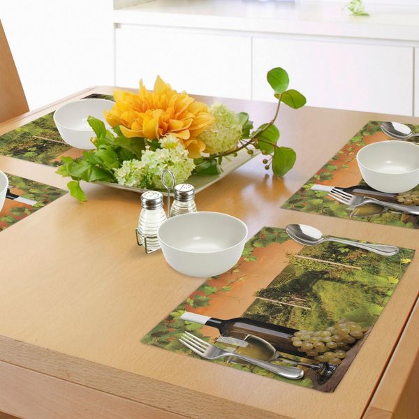 Abakuhaus Tovagliette, Bottiglia E Bicchiere Di Vino E Vigneti Al Tramonto - Panorama Romantico Serale, Tiscjdeco In Tessuto Resistente Al Colore Per La Sala Da Pranzo E La Cucina, Arancione Verde-image