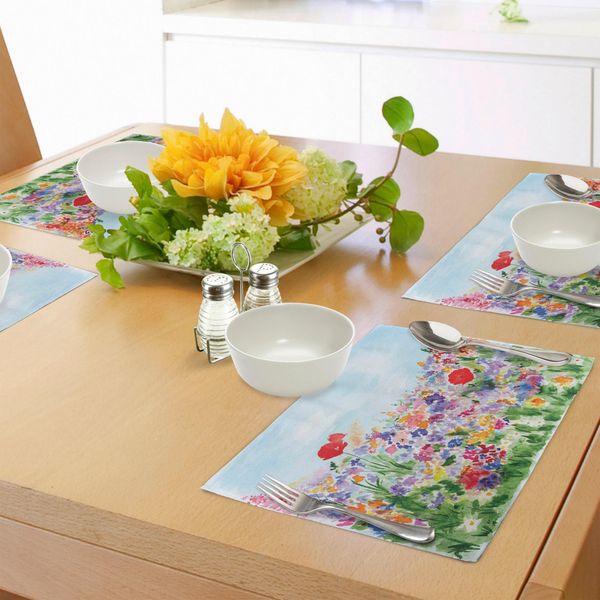 Abakuhaus Tovagliette Acquerello Con Fiori, Giardino Estivo Con Fiori, Erba E Illustrazioni Floreali, Decorazioni Da Tavola In Tessuto Resistente Al Lavaggio Per Sala Da Pranzo E Cucina, Viola Verde Rosso-image