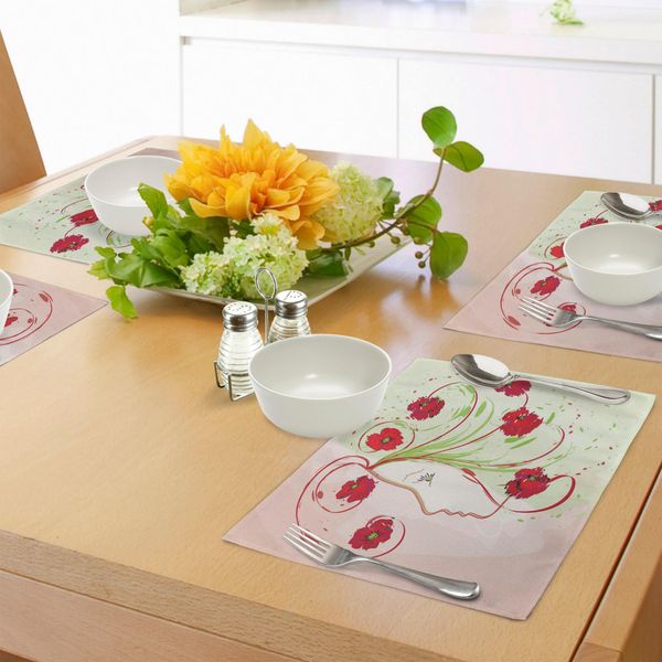 Abakuhaus Tovagliette Acquerello Con Fiori, Profilo Di Ragazza, Papaveri, Capelli Con Fiori, Effetto Acquerello, Stampa Artistica, Tiscjdeco In Tessuto Resistente Al Lavaggio Per Sala Da Pranzo E Cucina, Verde Rosso-image