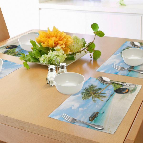 Tovagliette Abakuhaus Ocean, Spiaggia Esotica Delle Maldive Con Acque Cristalline E Palme Sulla Sabbia Tropicale, Tiscjdeco In Tessuto Resistente Al Lavaggio Per La Sala Da Pranzo E La Cucina, Multicolore-image