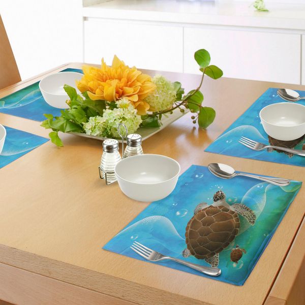 Tovagliette Abakuhaus Ocean, Tartarughe Che Nuotano In Famiglia Nell'oceano, Divertenti Grafiche Subacquee In Stile Cartone Animato, Decorazioni Da Tavola In Tessuto Resistente Ai Colori Per La Sala Da Pranzo E La Cucina, Marrone Verde Blu-image