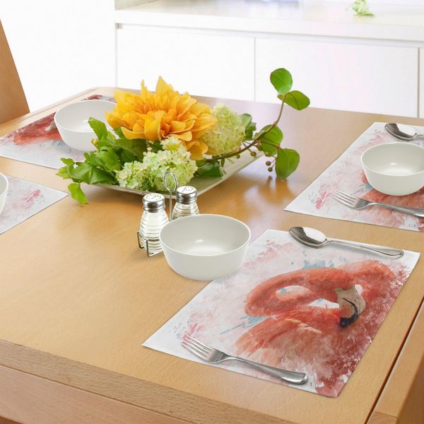 Tovagliette Abakuhaus Flamingo, Uccello Fenicottero Con Effetto Acquerello Con Piume Fatate, Stampa Artistica Naturale, Tiscjdeco In Tessuto Resistente Al Lavaggio Per Sala Da Pranzo E Cucina, Arancione Bianco-image