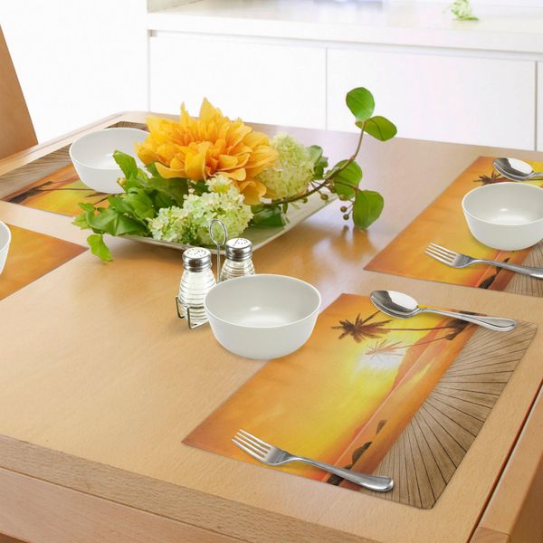 Tovagliette Abakuhaus Ocean, Tramonto Sull'oceano Con Palma E Pontile Horizon View Image Tropical, Tiscjdeco In Tessuto Resistente Al Lavaggio Per Sala Da Pranzo E Cucina, Arancione Marrone-image