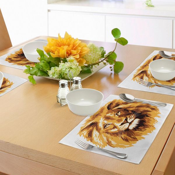 Tovagliette Abakuhaus Safari, Illustrazione Del Re Leone, Il Felino Più Grande Dell'africa, Animale Simbolo Dei Tropici, Grafica, Tiscjdeco In Tessuto Resistente Ai Colori Per La Sala Da Pranzo E La Cucina, Arancione Bianco-image