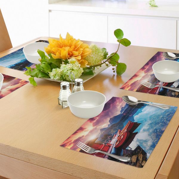 Tovagliette Abakuhaus, Tranquillo Lago Di Montagna Con Cielo Maestoso E Montagne, Romantica Vista Dell'asia Meridionale, Tiscjdeco In Tessuto Resistente Ai Colori Per La Sala Da Pranzo E La Cucina, Multicolore-image