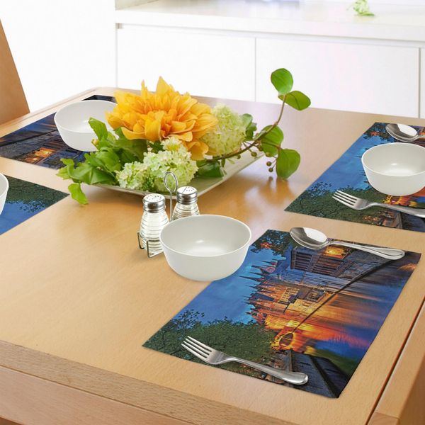 Abakuhaus Tovagliette Medievali, Foto Notturna Dell'edificio Medievale Lungo Il Fiume Bruges Heritage Old Town, Tiscjdeco In Tessuto Resistente Ai Colori Per La Sala Da Pranzo E La Cucina, Multicolore-image