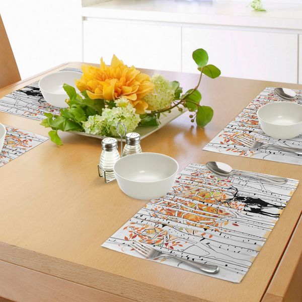Tovagliette Abakuhaus Con Motivo Cervo, Cervo Nel Bosco, Colori Autunnali, Alberi, Fogliame, Natura Selvaggia, Decorazioni Stagionali, Tiscjdeco In Tessuto Resistente Al Lavaggio Per Sala Da Pranzo E Cucina, Arancione, Bianco E Verde-image