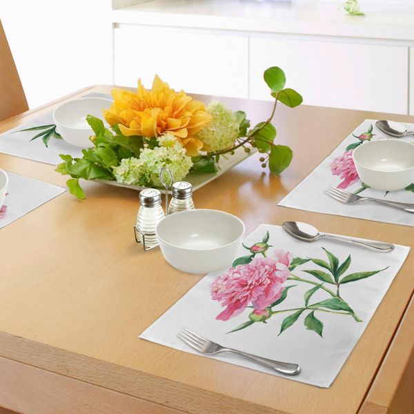 Abakuhaus Tovagliette Acquerello Con Motivi Floreali, Peonia Vintage, Tema Botanico Primavera Giardino Fiori Natura, Tiscjdeco In Tessuto Resistente Al Lavaggio Per Sala Da Pranzo E Cucina, Bianco Verde Rosa-image