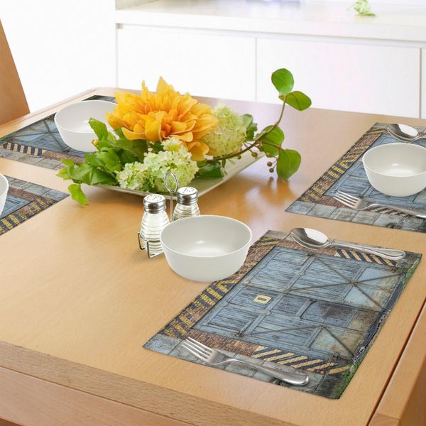 Abakuhaus Tovagliette Industriali, Vecchio Cancello Di Fabbrica In Legno Con Cartello Di Avvertimento - Tema Industriale Moderno E Tecnologico, Tiscjdeco In Tessuto Resistente Al Colore Per La Sala Da Pranzo E La Cucina, Multicolore-image