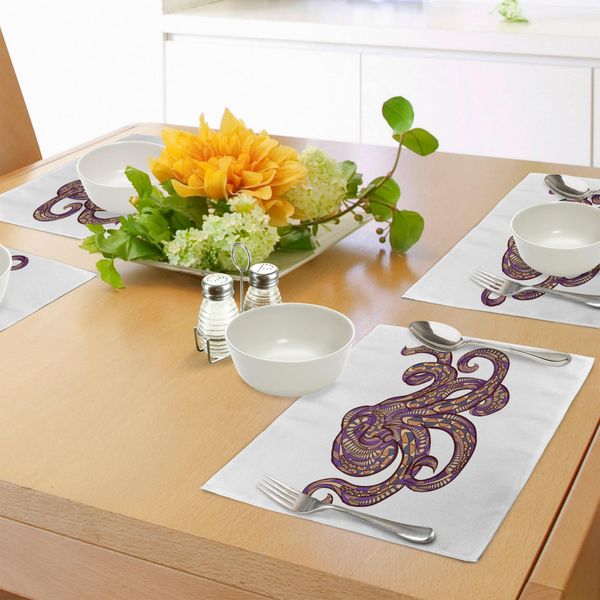 Tovagliette Abakuhaus Con Illustrazione Di Polpo, Motivo Etnico E Stampa Grafica Tribale Colorata, Decorazione Da Tavola In Tessuto Resistente Ai Colori Per La Sala Da Pranzo E La Cucina, Senape Viola-image