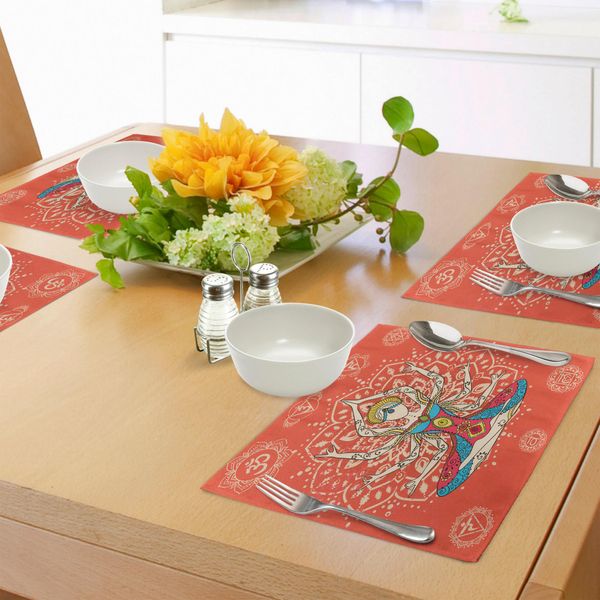 Tappetini Da Yoga Abakuhaus, Tecnica Yoga Con Costume Etnico Disciplina Zen Il Tuo Corpo E La Tua Mente Stampa Artistica, Tiscjdeco In Tessuto Resistente Al Lavaggio Per La Sala Da Pranzo E La Cucina, Crema Verde Acqua Rosso-image
