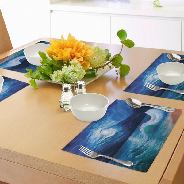 Tovagliette Abakuhaus Ocean, Moonlight Su Un Paesaggio Marino Ondulato Con Cielo Drammatico E Spiaggia, Effetto Dipinto A Olio, Tiscjdeco In Tessuto Resistente Al Lavaggio Per Sala Da Pranzo E Cucina, Bianco-image