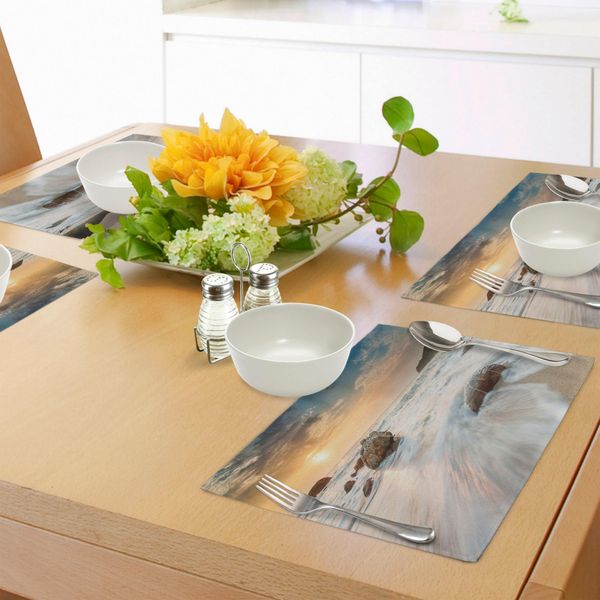 Tovagliette Da Spiaggia Abakuhaus, Grand Sea Waves Sulla Spiaggia E Orizzonte Cielo Vacanza Tranquilla Sogno Stagione Foto, Tiscjdeco In Tessuto Resistente Al Colore Per La Sala Da Pranzo E La Cucina, Bianco Crema Blu-image