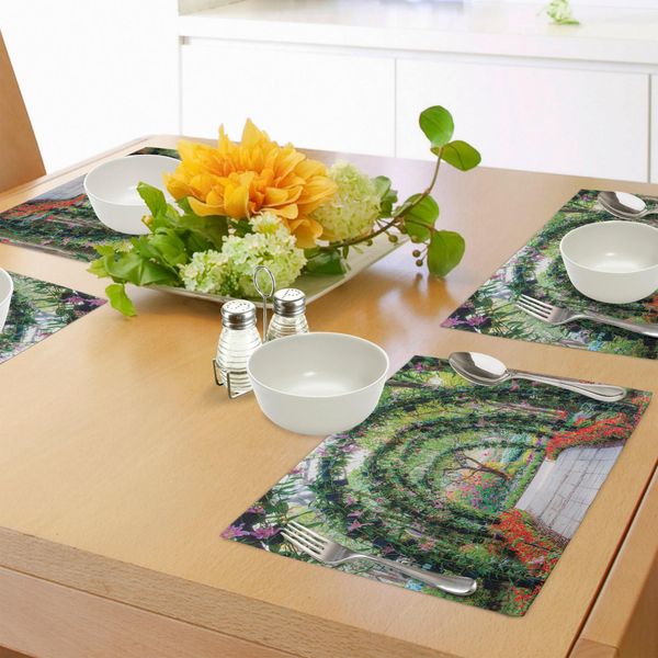Tovagliette Da Giardino Abakuhaus, Archi Floreali Con Binario Nel Giardino Ornamentale, Immagine Romantica Verde, Decorazioni Da Tavola In Tessuto Resistente Al Lavaggio Per La Sala Da Pranzo E La Cucina, Verde Rosso-image