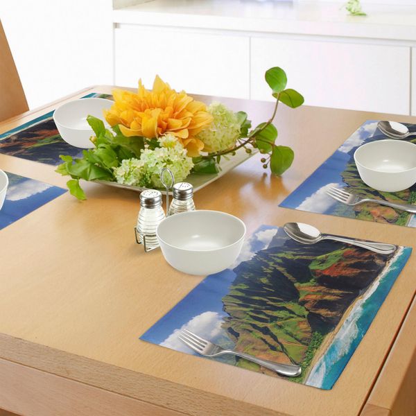 Tovagliette Hawaiane Abakuhaus, Foto Panoramica Della Costa Na Pali - Kauai - Hawaii - Scogliere Montuose - Costa Marina - Foto Panoramica, Tiscjdeco In Tessuto Resistente Ai Colori Per La Sala Da Pranzo E La Cucina, Verde Marrone-image