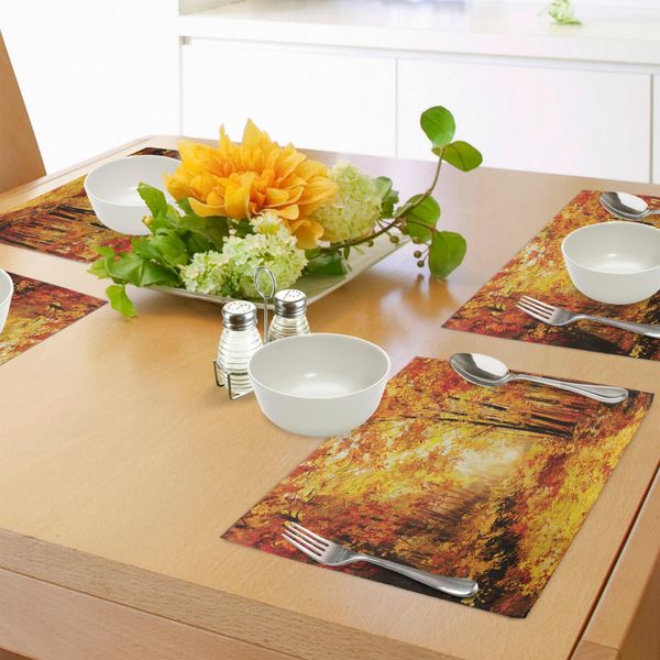 Abakuhaus Tovagliette Rustiche, Pale Shaded Autunno Nel Bosco Tranquillità Pastorale Vita Semplice Natura Pittura Arte, Tiscjdeco In Tessuto Resistente Al Colore Per La Sala Da Pranzo E La Cucina, Arancione Marrone-image