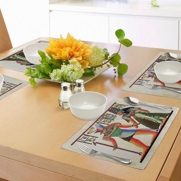 Abakuhaus Tovagliette Egiziane, Papiro Con Antichi Personaggi Storici Elementi Tempio Antica Cultura Retrò Arte, Tiscjdeco In Tessuto Resistente Ai Colori Per La Sala Da Pranzo E La Cucina, Multicolore-image