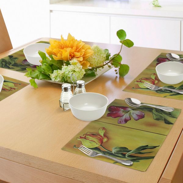 Abakuhaus Tovagliette Rustiche, Dipinto Di Curving Tulips Romantica Stampa Artistica Retrò Con Fiori In Fiore, Tiscjdeco In Tessuto Resistente Al Lavaggio Per La Sala Da Pranzo E La Cucina, Giallo Verde Rosa-image