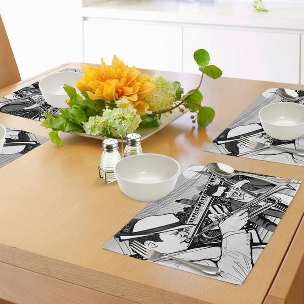 Tovagliette Abakuhaus, Illustrazione Della Jazz Band The Blue In New York Che Suona Al Chiaro Di Luna In Stile Retrò, Tovaglietta Decorativa In Tessuto Resistente Ai Colori Per La Sala Da Pranzo E La Cucina, Bianco E Nero.-image