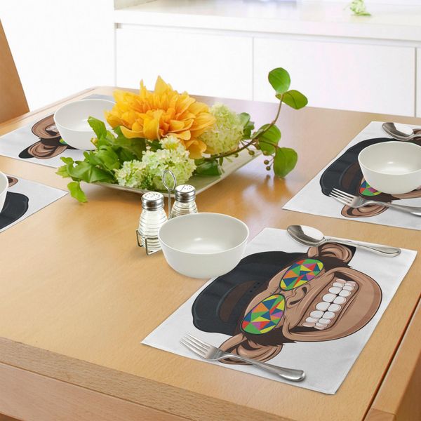 Tovagliette Abakuhaus Con Caricature, Divertente Scimmia Hipster Con Occhiali Da Sole Colorati E Cappello, Arte Scimmia Rapper-Hippie, Decorazioni Da Tavola In Tessuto Resistente Ai Colori Per La Sala Da Pranzo E La Cucina, Bianco, Nero, Marrone-image