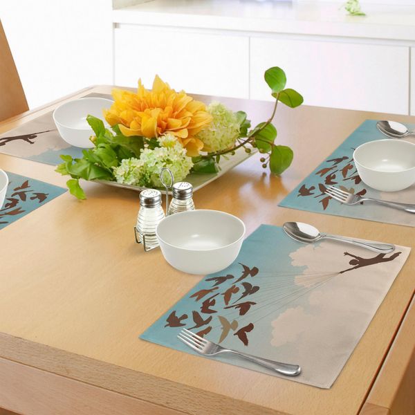 Abakuhaus Tovagliette Con Uccelli, Silhouette Del Ragazzo Trasportato Dai Piccioni Volanti Ispirazione Segui I Tuoi Sogni Stampa Home, Tiscjdeco In Tessuto Resistente Al Lavaggio Per La Sala Da Pranzo E La Cucina, Multicolore-image