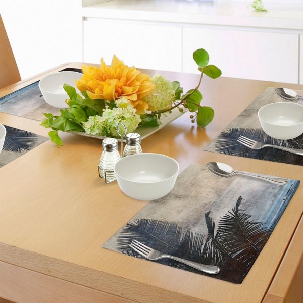 Tovagliette Hawaiane Abakuhaus, Foglie Di Palma Su Sfondo Sporco Con Illustrazione Di Paesaggio Marino Autunnale, Tiscjdeco In Tessuto Resistente Al Lavaggio Per Sala Da Pranzo E Cucina, Beige-image