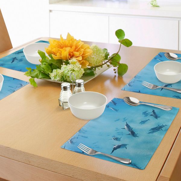 Tovagliette Hawaiane Abakuhaus, Gruppo Di Delfini In Immagine Hawaiana Con Animali Acquatici Tropicali, Tiscjdeco In Tessuto Resistente Al Lavaggio Per Sala Da Pranzo E Cucina, Blu-image