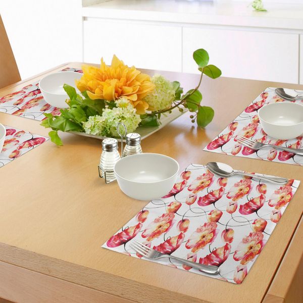 Abakuhaus Tovagliette Acquerellate Con Motivi Floreali, Grandi Papaveri Sfumati E Tulipani Dipinti, Fiori Primaverili, Stagione Dei Fiori, Sottobicchieri In Tessuto Lavabile, Decorazioni Per La Tavola Con Stampa, Arancione, Bianco, Rosso-image
