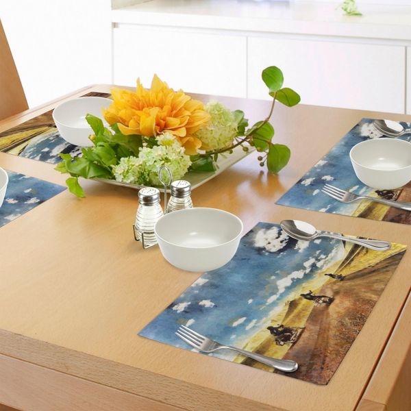 Abakuhaus Tovagliette Rustiche, Gruppo Di Amici In Moto In Un'avventura Rurale Nel Paesaggio Viaggi Grafica In Alto, Tiscjdeco In Tessuto Resistente Ai Colori Per La Sala Da Pranzo E La Cucina, Multicolore-image