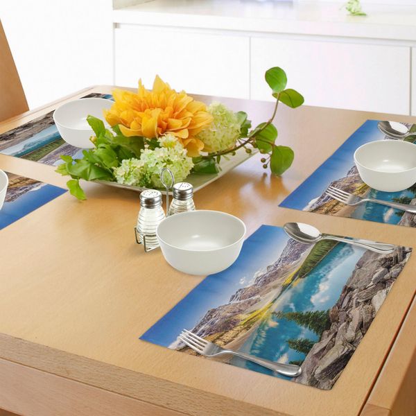 Tovagliette Abakuhaus, Lago Tranquillo E Paesaggio Montano Con Stampa Rock And Sky Dream Life, Tiscjdeco In Tessuto Resistente Al Lavaggio Per La Sala Da Pranzo E La Cucina, Verde Grigio Blu-image