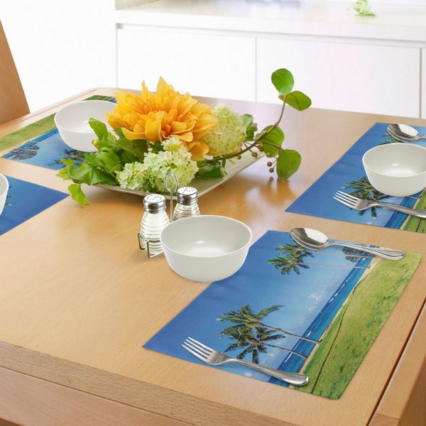 Tovagliette Hawaiane Abakuhaus, Palme Da Cocco E Prato Sulla Spiaggia Sandy Poipu Beach Alle Hawaii Stampa Con Immagine Kauai, Tiscjdeco In Tessuto Resistente Ai Colori Per La Sala Da Pranzo E La Cucina, Verde Blu-image