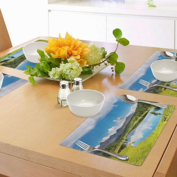Abakuhaus Tovagliette Paesaggio, Paesaggio Montano Con Bosco E Lago In Un Cielo Soleggiato E Nuvoloso, Estate, Natura, Tiscjdeco In Tessuto Resistente Al Colore Per La Sala Da Pranzo E La Cucina, Bianco Verde Blu-image
