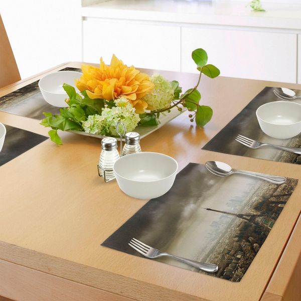 Tovagliette Abakuhaus Torre Eiffel, Skyline Di Parigi, Panorama Urbano Nuvoloso, Silhouette, Uccelli Europei, Vista Realistica, Tiscjdeco In Tessuto Resistente Al Lavaggio Per Sala Da Pranzo E Cucina, Beige Marrone-image