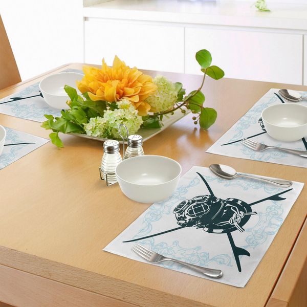Abakuhaus Tovagliette Da Surf, Targhetta Da Surf Con Muta Da Sub Ed Elementi Myst Underwater Recreational Design, Tiscjdeco In Tessuto Resistente Al Colore Per La Sala Da Pranzo E La Cucina, Blu Petrolio Scuro-image