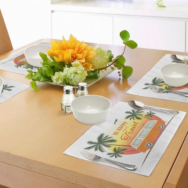Abakuhaus Tovagliette Da Surf, Furgone Da Surf Retrò Con Palme, Campeggio, Relax, Hippie, Viaggio, Felicità, Tema Anni '60, Tiscjdeco In Tessuto Resistente Al Lavaggio Per La Sala Da Pranzo E La Cucina, Arancione, Giallo, Verde-image