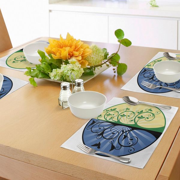 Abakuhaus Tovagliette Albero Della Vita, Yin Yang Vita E Morte Silhouette Di Uccelli Sull'albero, Tiscjdeco In Tessuto Resistente Al Lavaggio Per La Sala Da Pranzo E La Cucina, Nero Verde Blu-image