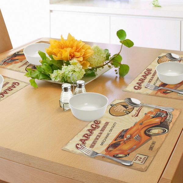 Tovagliette Retrò Abakuhaus, Stampa Vintage Con Simboli Meccanici E Macchine, Tiscjdeco In Tessuto Resistente Ai Colori Per La Sala Da Pranzo E La Cucina, Arancione Crema Rosso-image