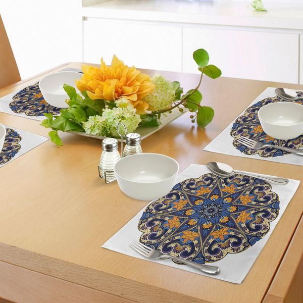 Tovagliette Abakuhaus Mandala, Motivo Mandala Floreale Con Colori Vivaci, Motivi Etnici Che Richiamano L'equilibrio Interiore, Tovagliette Decorative In Tessuto Resistente Ai Colori Per La Sala Da Pranzo E La Cucina, Arancione, Viola, Blu.-image