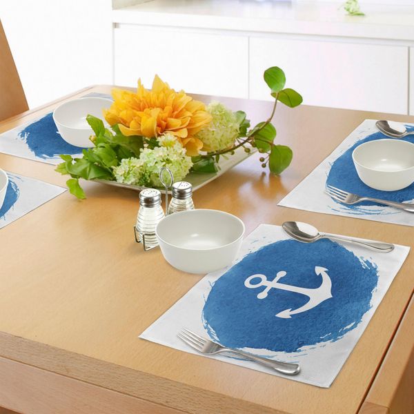 Abakuhaus Tovagliette Anchor, Icona Anchor Con Effetto Acquerello, Fondo Marino Profondo, Stampa Artistica, Tiscjdeco In Tessuto Resistente Al Lavaggio Per Sala Da Pranzo E Cucina, Bianco E Blu-image