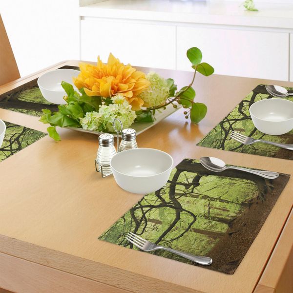 Tovagliette Abakuhaus Wald, Scena Boschiva Inglese Con Raggi Di Sole Nonostante Gli Alberi Tema Magical Mother Nature, Tiscjdeco In Tessuto Resistente Al Lavaggio Per La Sala Da Pranzo E La Cucina, Verde Marrone-image