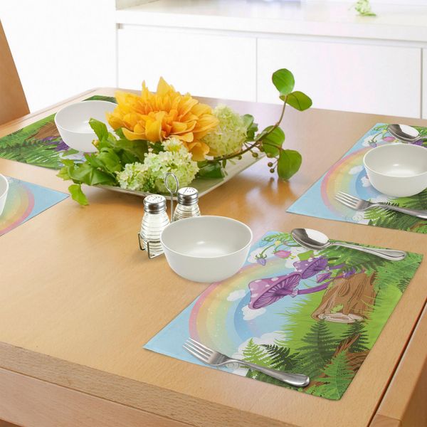 Tovagliette Abakuhaus Con Funghi, Fantastico Paesaggio Con Erba Di Legno Da Costruzione E Arcobaleno, Funghi, Erbe, Foglie, Erbacce, Sottobicchieri In Tessuto Lavabile, Decorazioni Per La Tavola Con Stampa, Multicolore-image