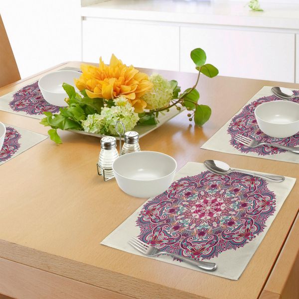 Tovagliette Abakuhaus Mandala, Motivo Mandala Dettagliato Con Fiori E Foglie, Tema Bohemien, Arte Tribale Ed Etnica, Sottobicchieri In Tessuto Lavabile, Decorazione Da Tavola Con Stampa, Multicolore-image